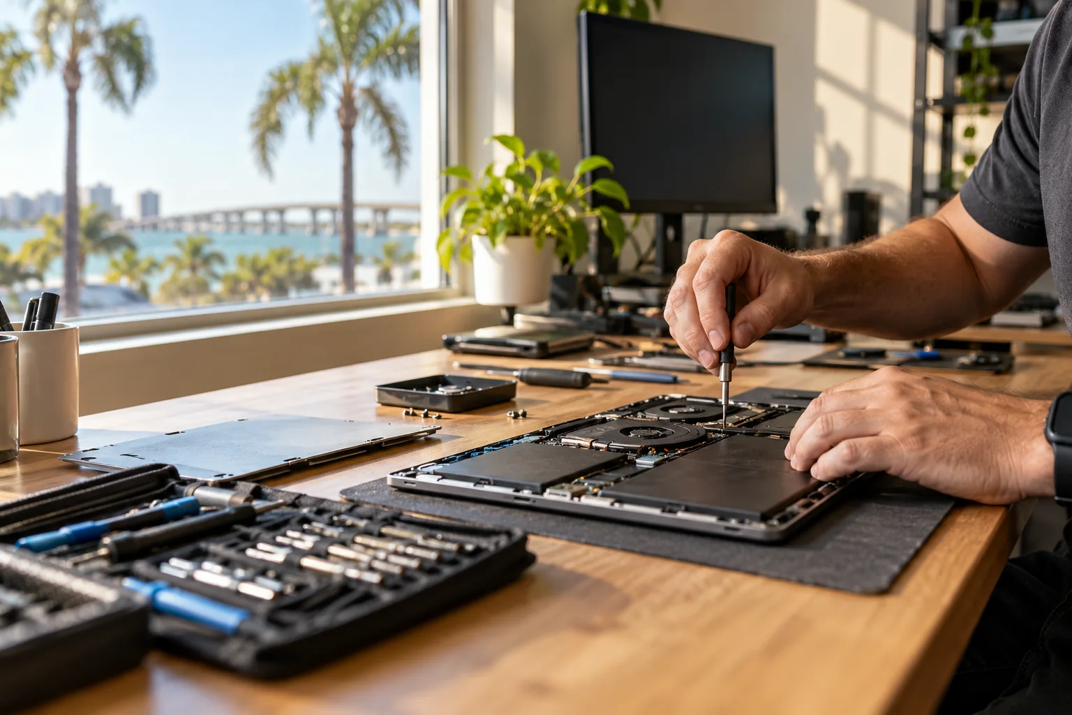 Technician examining a laptop at a workbench